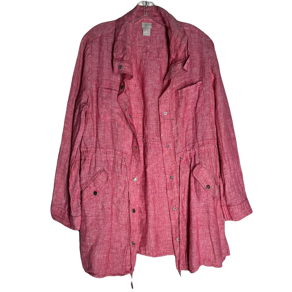 Chico’s Womens Cross Dye Linen Utility Jacket Pink Snap Button Front Size 1